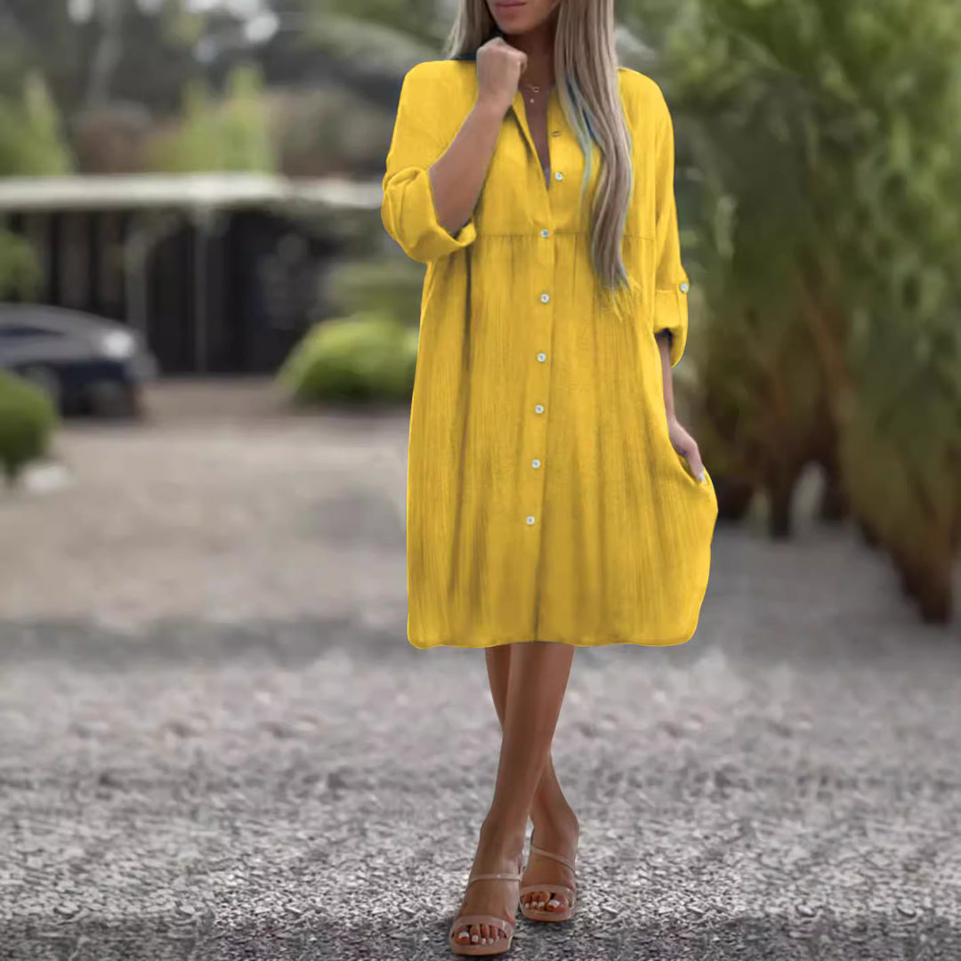 Damen Lockeres Hemdkleid mit Knopfleiste, 3/4-Ärmeln und Seitentaschen Drune