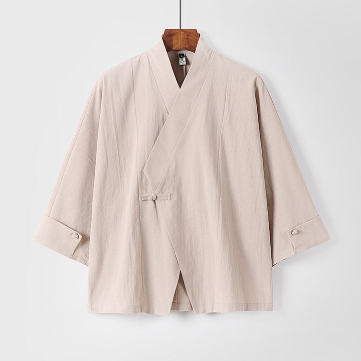 Herren Leinen-Kimono-Jacke mit traditionellem Knotenverschluss und mittel-langen Ärmeln Drune