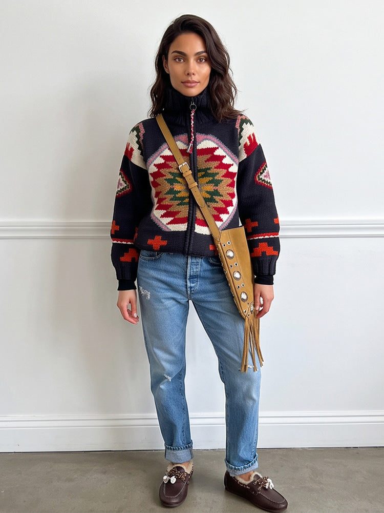Damen Jacquard-Strickjacke mit Navajo‑Muster, Reißverschluss und hohem Kragen Drune