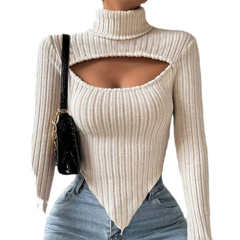 Damen geripptes Rollkragen-Top mit Cut-Out, spitz zulaufendem Zipfel-Saum und figurbetonter Stretch-Passform Drune