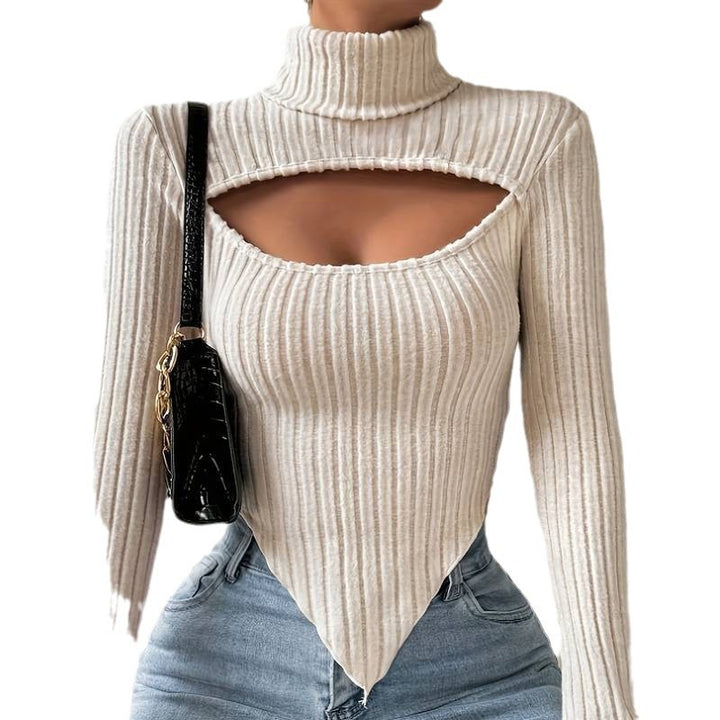 Damen geripptes Rollkragen-Top mit Cut-Out, spitz zulaufendem Zipfel-Saum und figurbetonter Stretch-Passform Drune