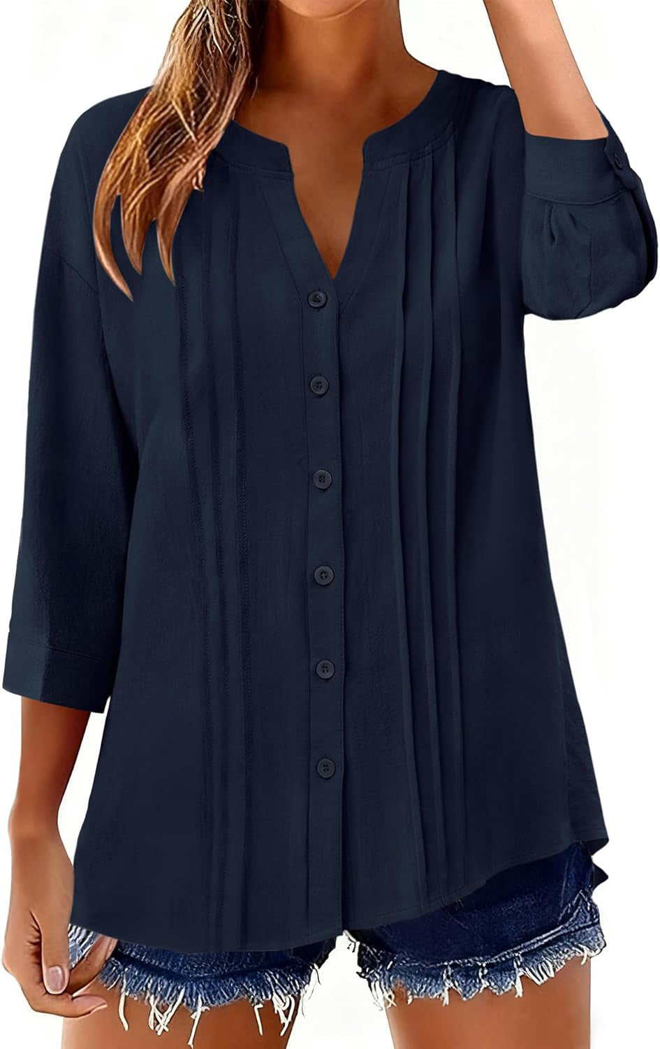 Damen Lockeres Tunikashirt mit Kellerfalten und dreiviertel Ärmeln Drune