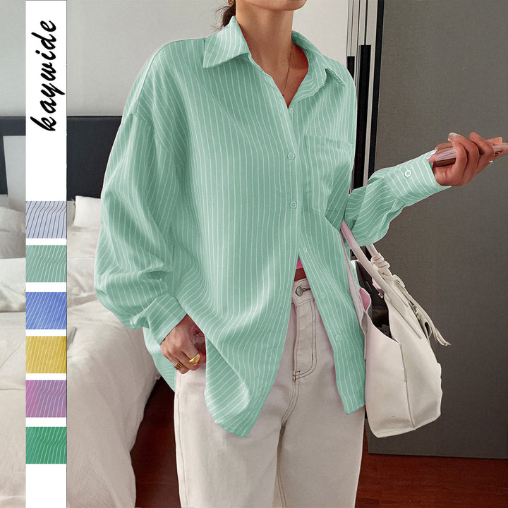 Damen nan locker geschnittene Longbluse mit Kentkragen, Brusttasche und feinem Nadelstreifen Drune