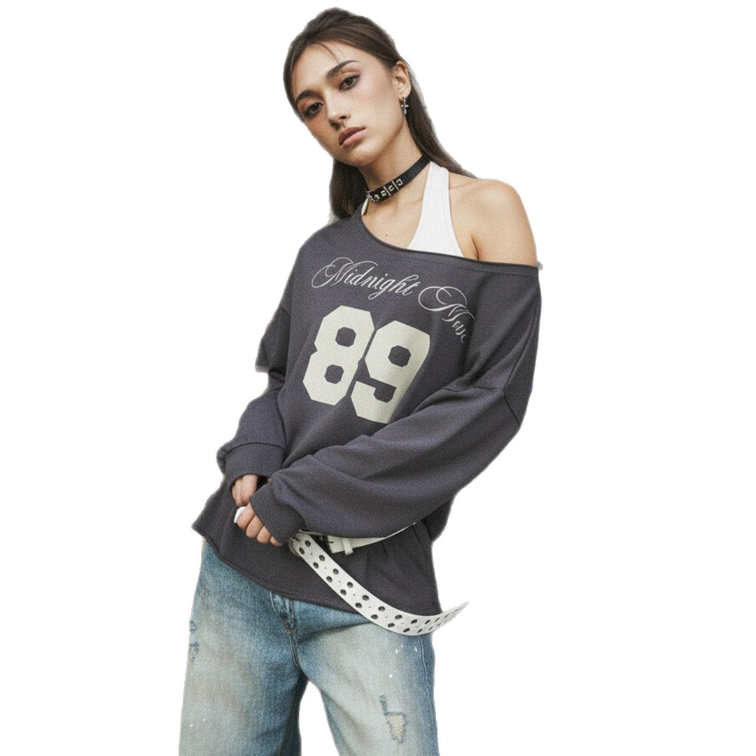Damen nan Oversized-Sweatshirt im Off-Shoulder‑Stil mit Vintage‑Frontprint und ausgestelltem Saum Drune