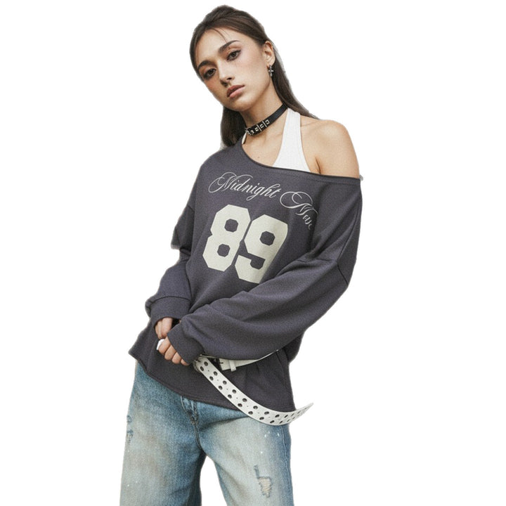 Damen nan Oversized-Sweatshirt im Off-Shoulder‑Stil mit Vintage‑Frontprint und ausgestelltem Saum Drune