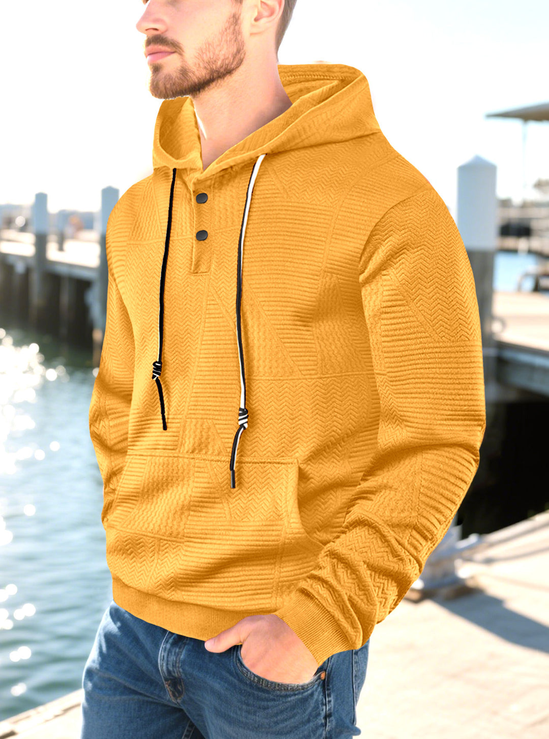 Herren nan geometrischer Struktur-Kapuzenpullover mit Henley-Blende und Kängurutasche Drune