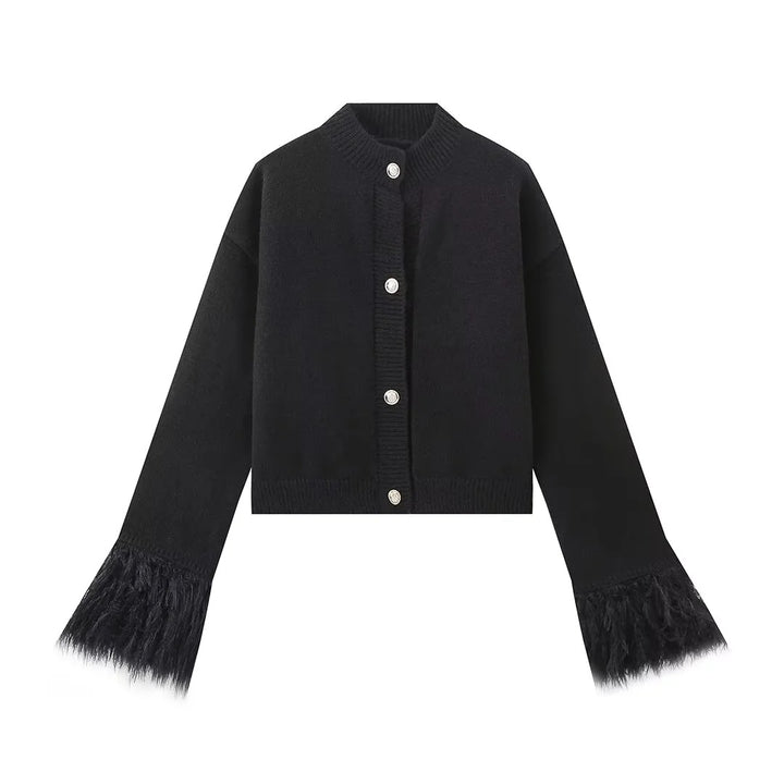 Damen 300+ Cropped Strickjacke mit Fransenärmeln und Perlenknopfleiste Drune