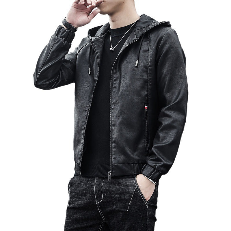 Herren Modische Kunstlederjacke mit verstellbarer Kapuze Drune
