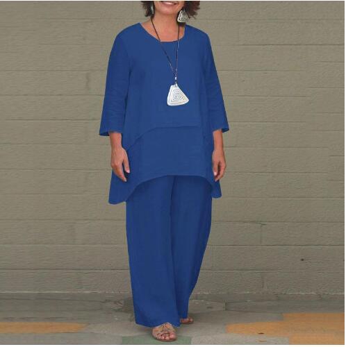 Damen Lässiges Zweiteiliges Leinen-Set mit Oversize-Tunika und weiter Palazzo-Hose Drune