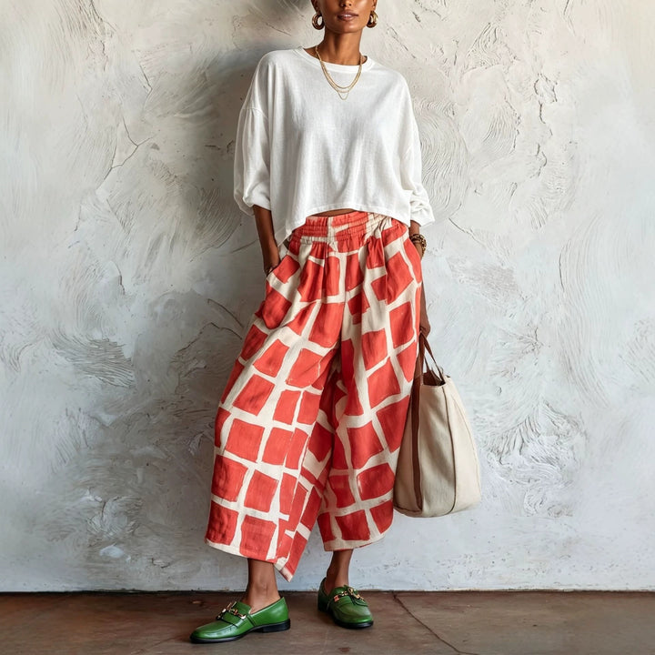 Damen Weite Culotte-Hose aus Leinenmix mit elastischem Bund und grafischem Print Drune