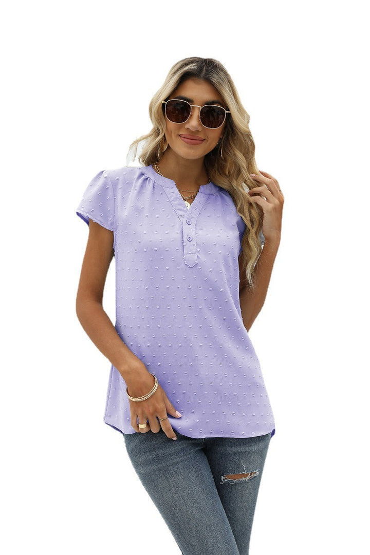 Drune | Jacquard Chiffon Locker V-Ausschnitt Kurzarm Top