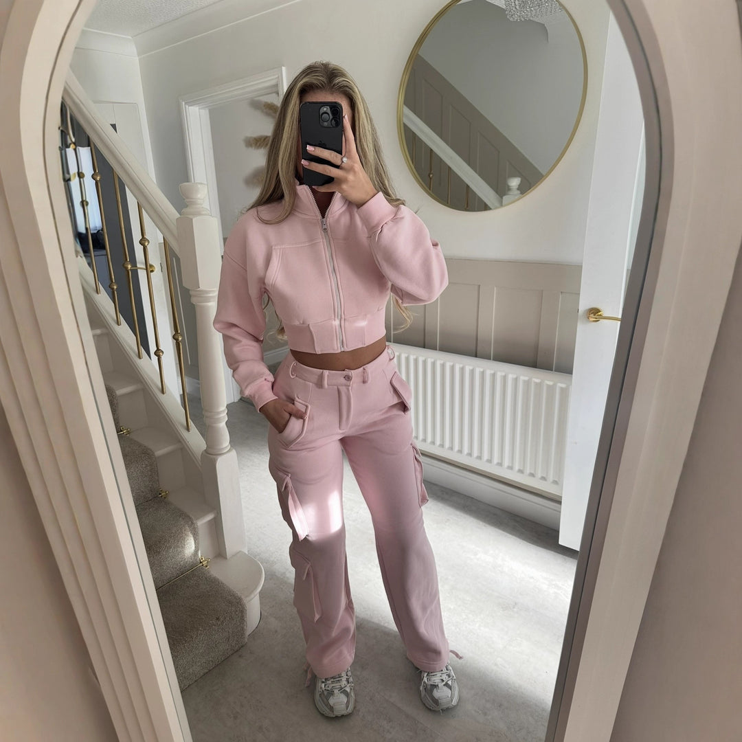 Damen modisches cropped Freizeit-Set mit funktionalem Reißverschluss und praktischen Taschen Drune