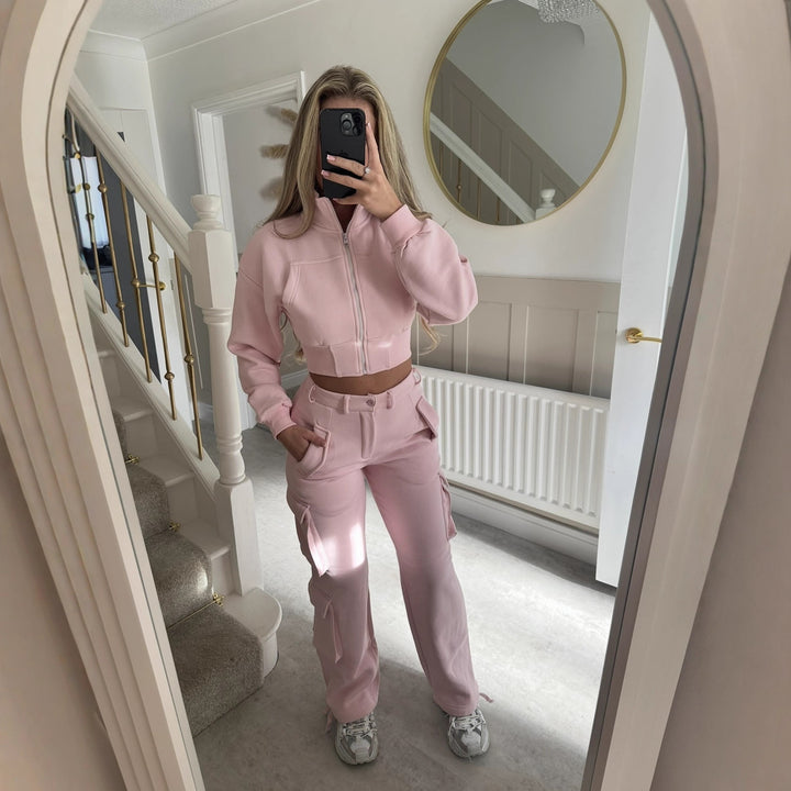 Damen modisches cropped Freizeit-Set mit funktionalem Reißverschluss und praktischen Taschen Drune