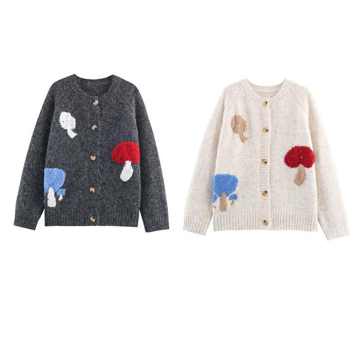 Damen Strickjacke mit bunten Pilzmotiven und bequemen Knopfdetails Drune