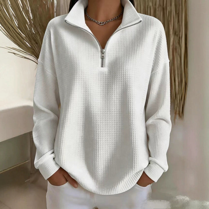 Damen Waffelstrick-Sweatshirt mit halbem Reißverschluss und Stehkragen Drune