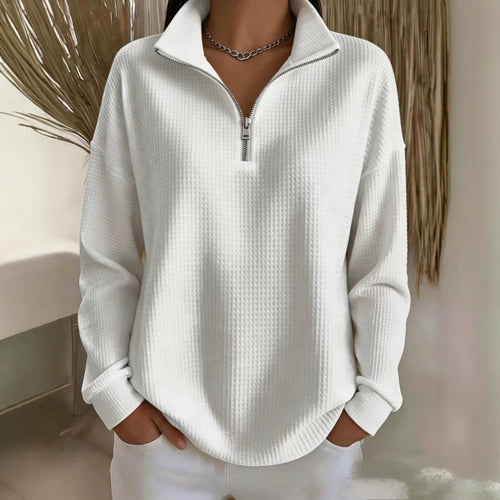 Damen Waffelstrick-Sweatshirt mit halbem Reißverschluss und Stehkragen Drune
