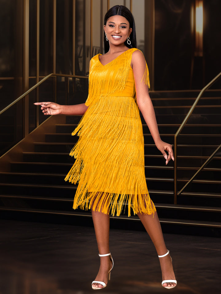 Damen Fransen Kleid mit elegantem V-Ausschnitt und schwingendem Saum Drune