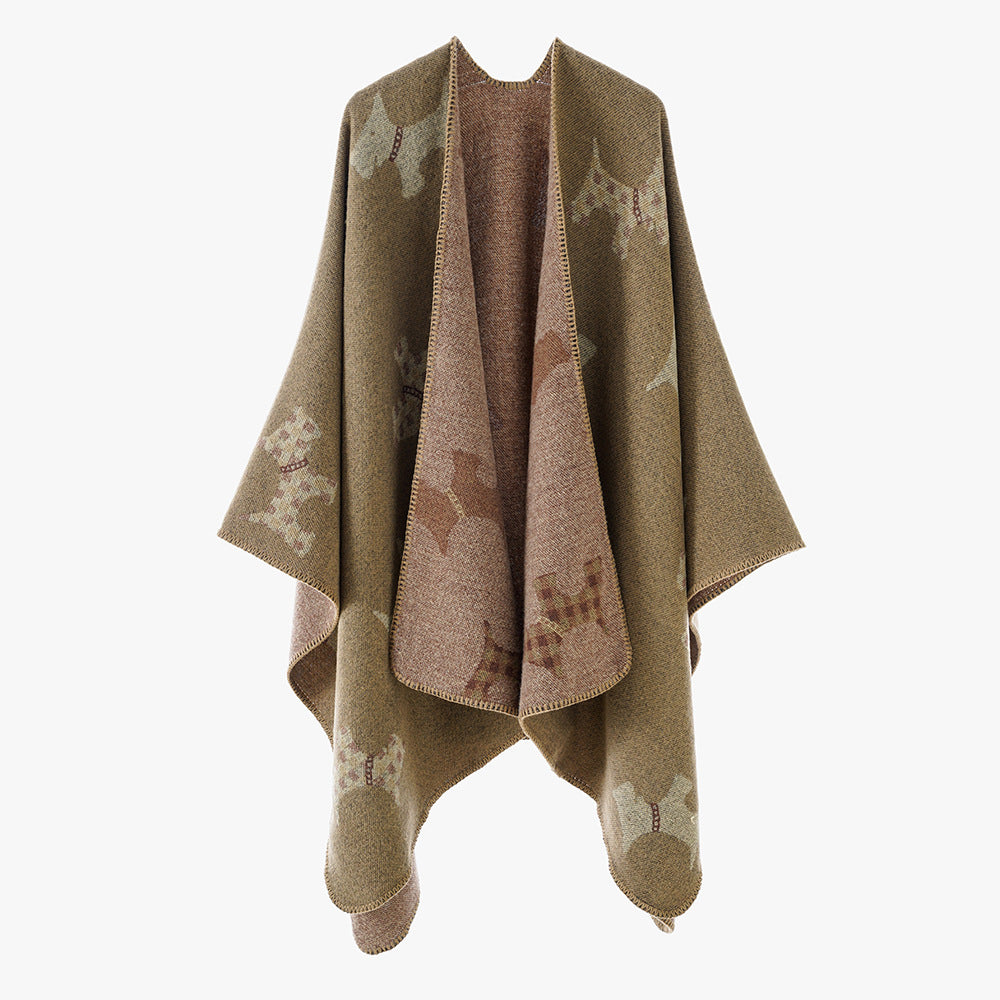 Damen Oversize-Poncho mit jacquardgewebtem Terrier‑Motiv und kontrastiertem Innenfutter Drune