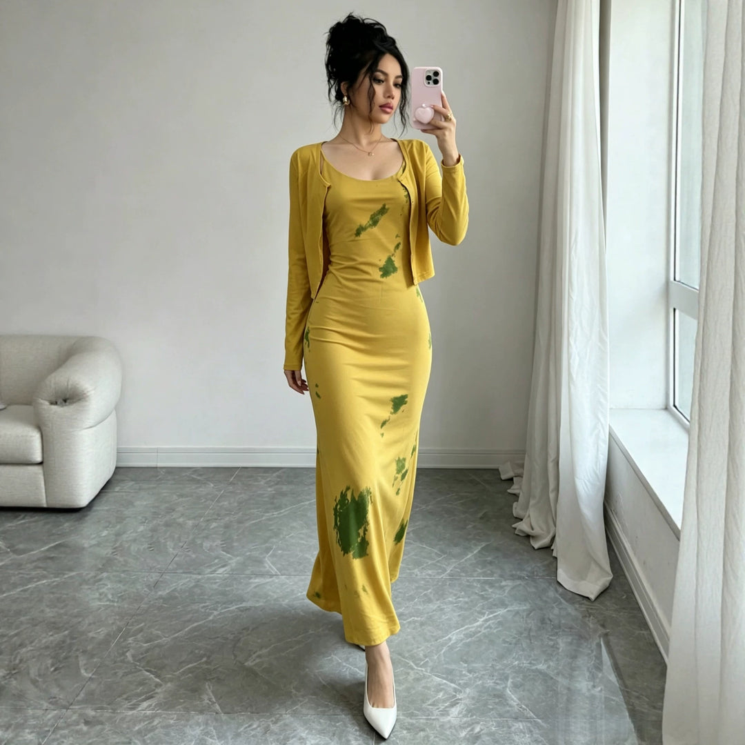 Damen Midikleid-Set mit Kurzcardigan und figurumschmeichelnder Silhouette Drune