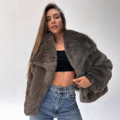 Damen Modischer Kunstpelz-Cropped-Jacke mit voluminösen Ärmeln Drune