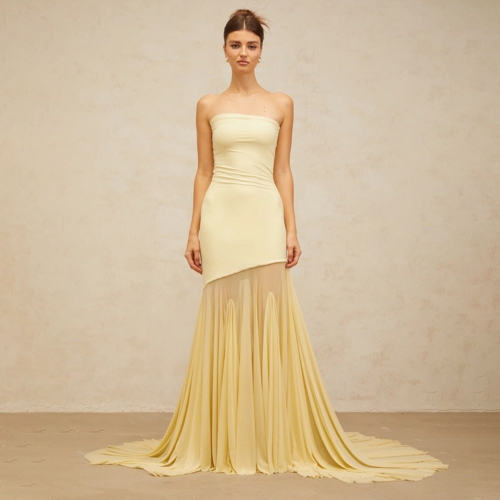 Damen Elegantes schulterfreies Maxikleid mit schimmerndem Stoff und voluminösem Rock Drune