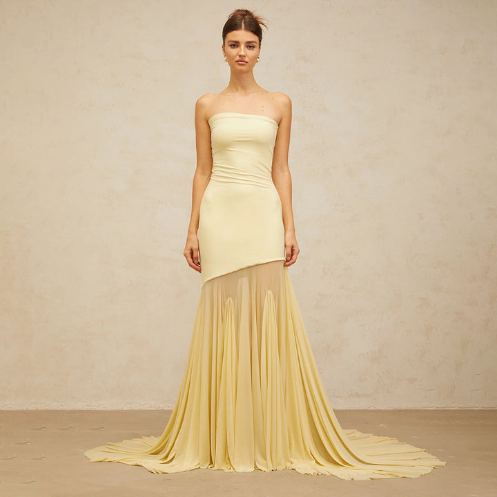 Damen Elegantes schulterfreies Maxikleid mit schimmerndem Stoff und voluminösem Rock Drune
