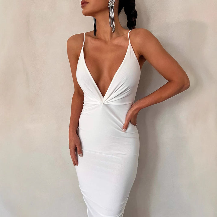 Damen elegantes Maxikleid mit tiefem V-Ausschnitt und zarten Spaghetti-Trägern Drune