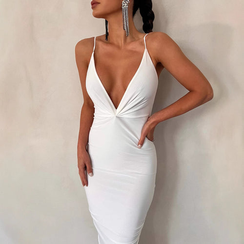 Damen elegantes Maxikleid mit tiefem V-Ausschnitt und zarten Spaghetti-Trägern Drune
