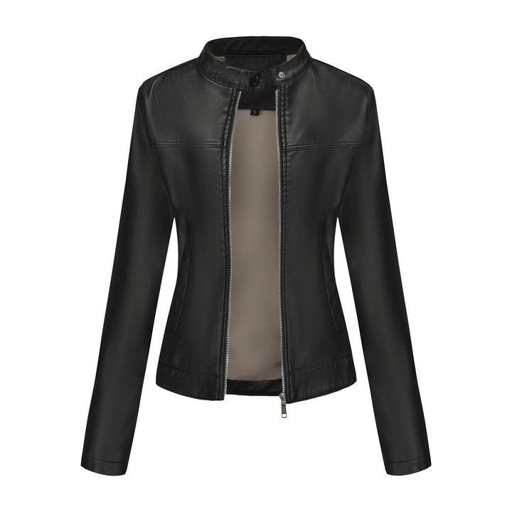 Damen nan taillierte Kunstlederjacke mit Stehkragen, verdecktem Reißverschluss und cleanem Minimaldesign Drune