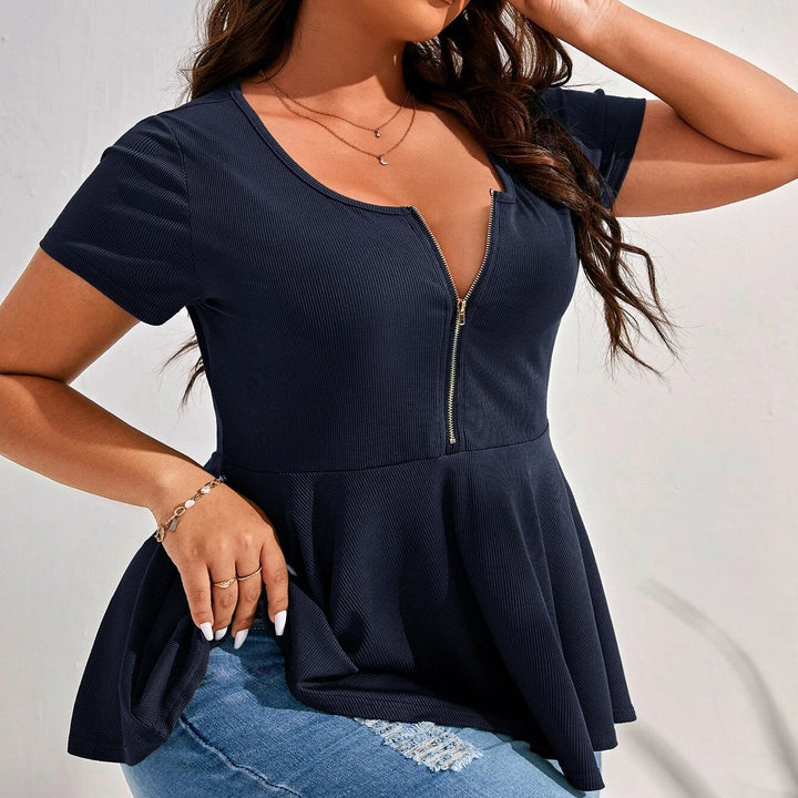 Damen Geripptes Zip-Peplum-Top mit tiefem V-Ausschnitt Drune