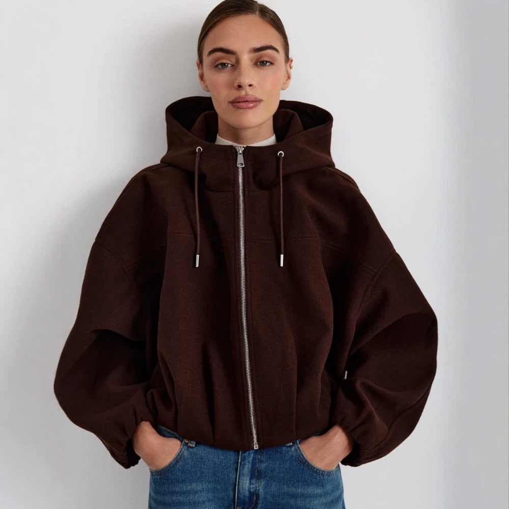 Damen Kurzjacke aus Wollmix mit Kapuze, kastiger Boxy‑Silhouette & gerafftem Saum Drune