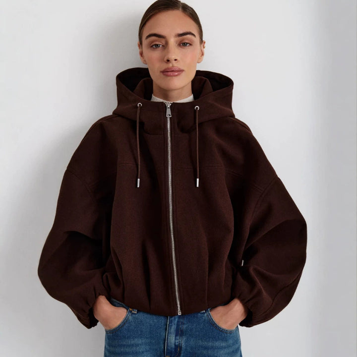 Damen Kurzjacke aus Wollmix mit Kapuze, kastiger Boxy‑Silhouette & gerafftem Saum Drune