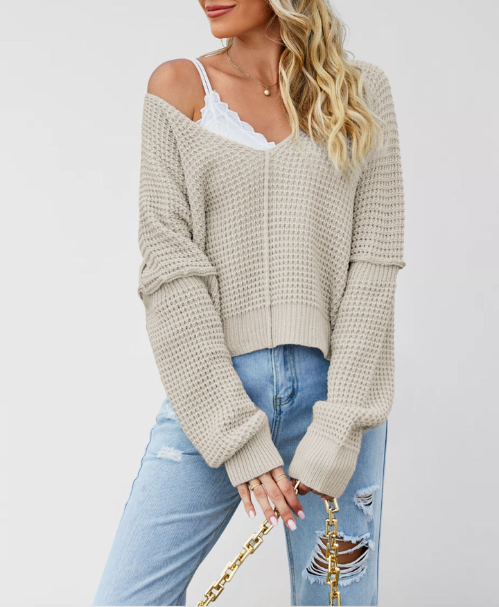 Damen lässiger V-Ausschnitt Strickpullover mit offenen Schultern und strukturiertem Design Drune
