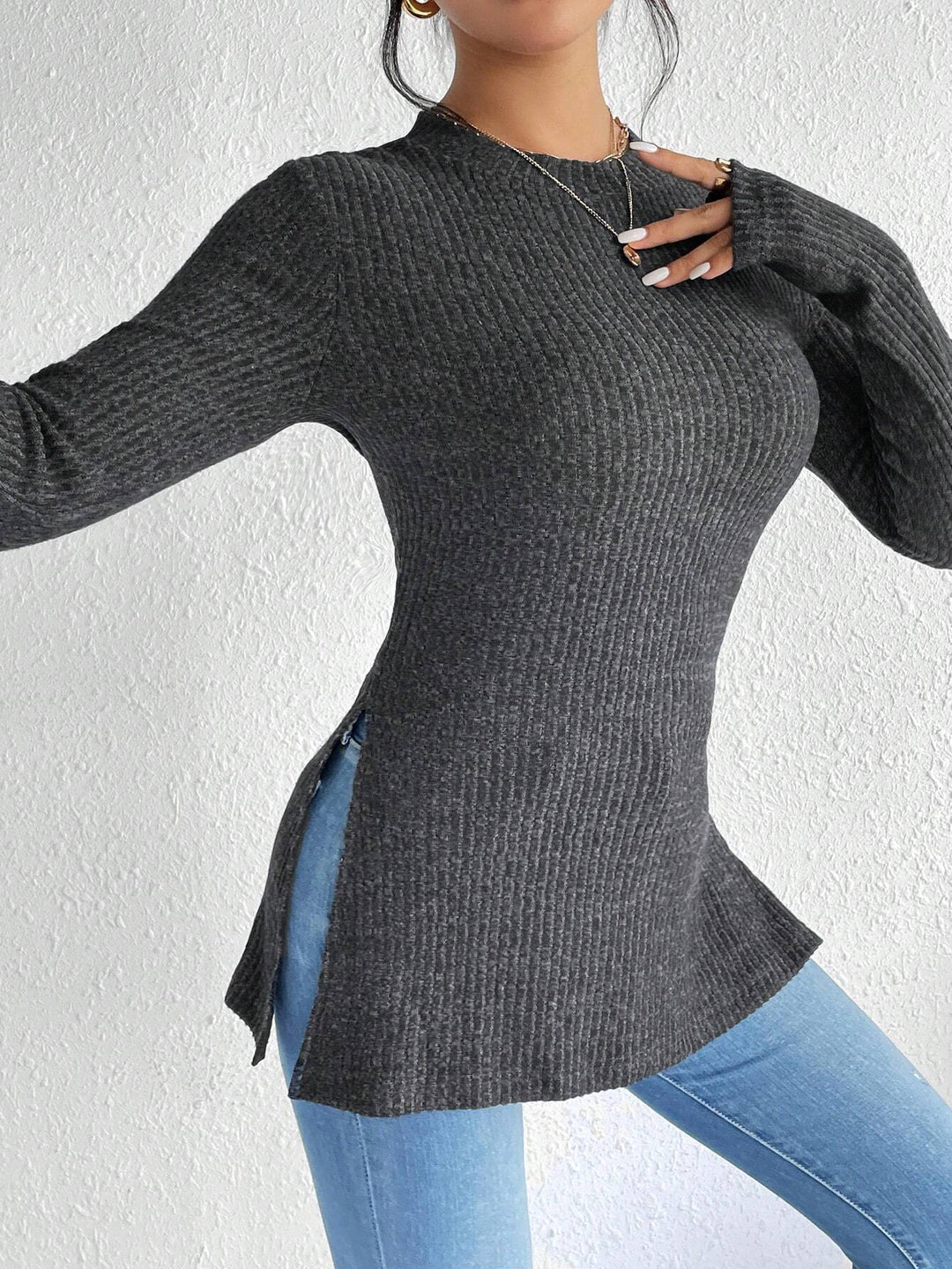 Damen Gerippter Taillierter Feinstrick-Pullover mit Stehkragen, langen Ärmeln und Seitenschlitzen Drune