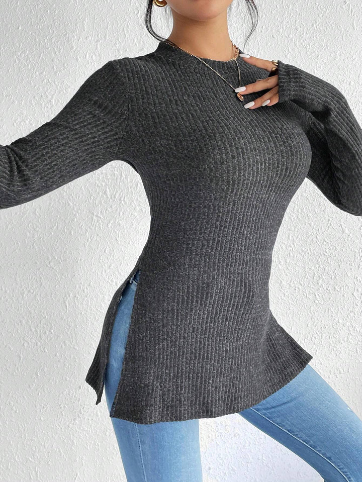 Damen Gerippter Taillierter Feinstrick-Pullover mit Stehkragen, langen Ärmeln und Seitenschlitzen Drune