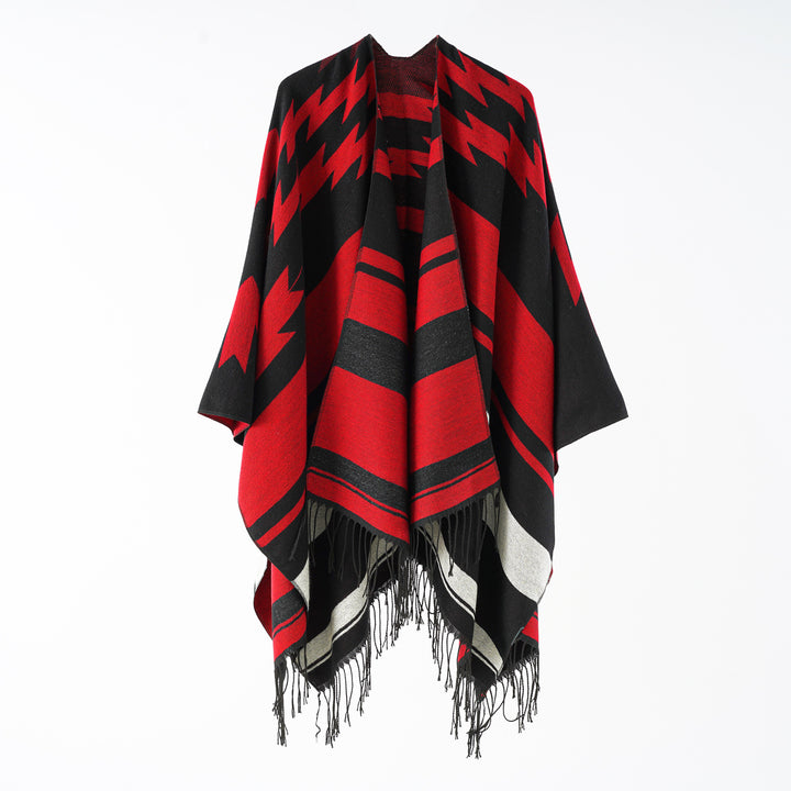 Damen Langer Reversfreier Webponcho im Umhangstil mit dezentem Zackenmuster und Fransensaum Drune