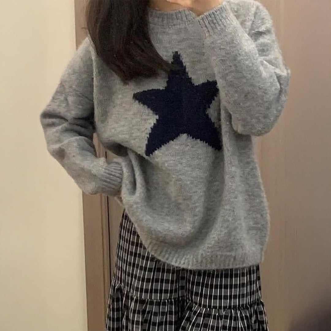 Damen nan oversized Strickpullover mit markantem Sternmotiv, Rundhalsausschnitt und gerippten Bündchen Drune