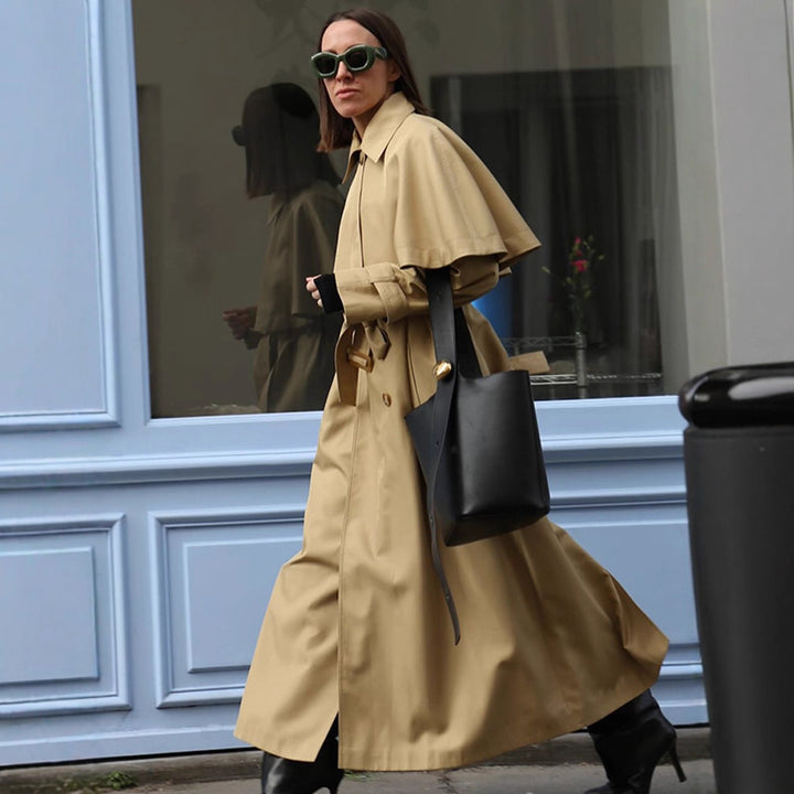 Damen trendiger Trenchcoat mit weit oversize Schnitt und abnehmbarer Kapuze Drune
