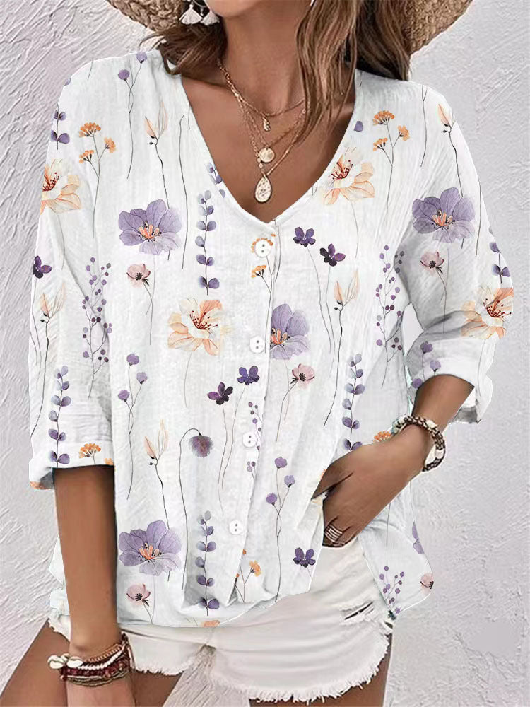 Damen Bluse mit floralem Druck und modernem Knopfdesign Drune