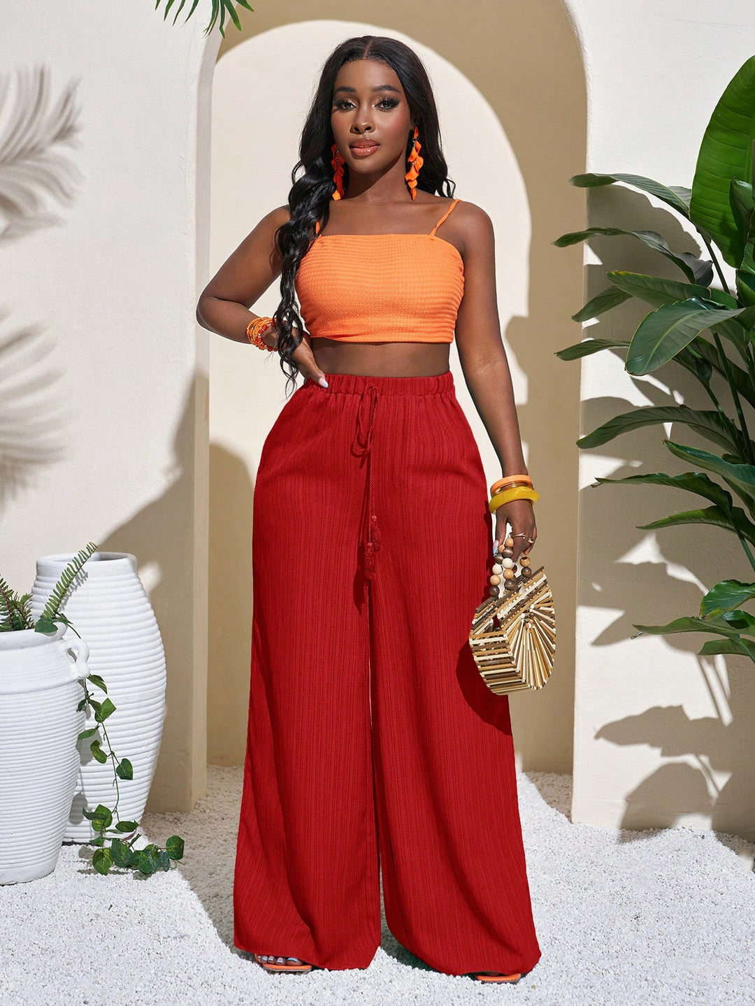 Damen Palazzo-Hose mit hohem Bund, elastischem Kordelzug und weitem Bein Drune