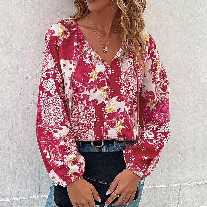 Damen Leichte Boho-Bluse mit Patchwork‑Print, Bindeschlitz und Ballonärmeln Drune