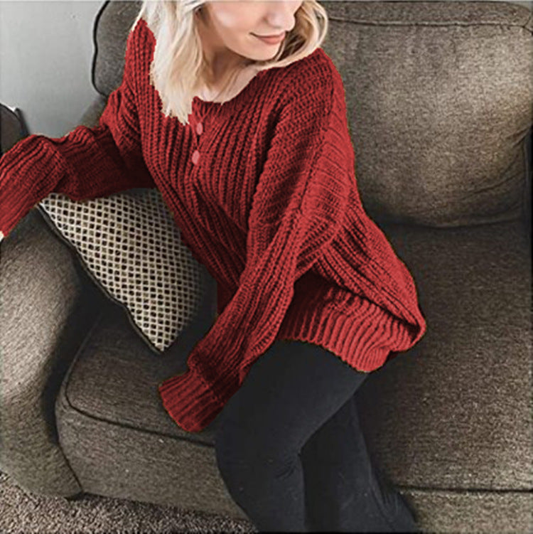 Damen Grobstrick Pullover mit weitem Schnitt und Rundhalsausschnitt Drune