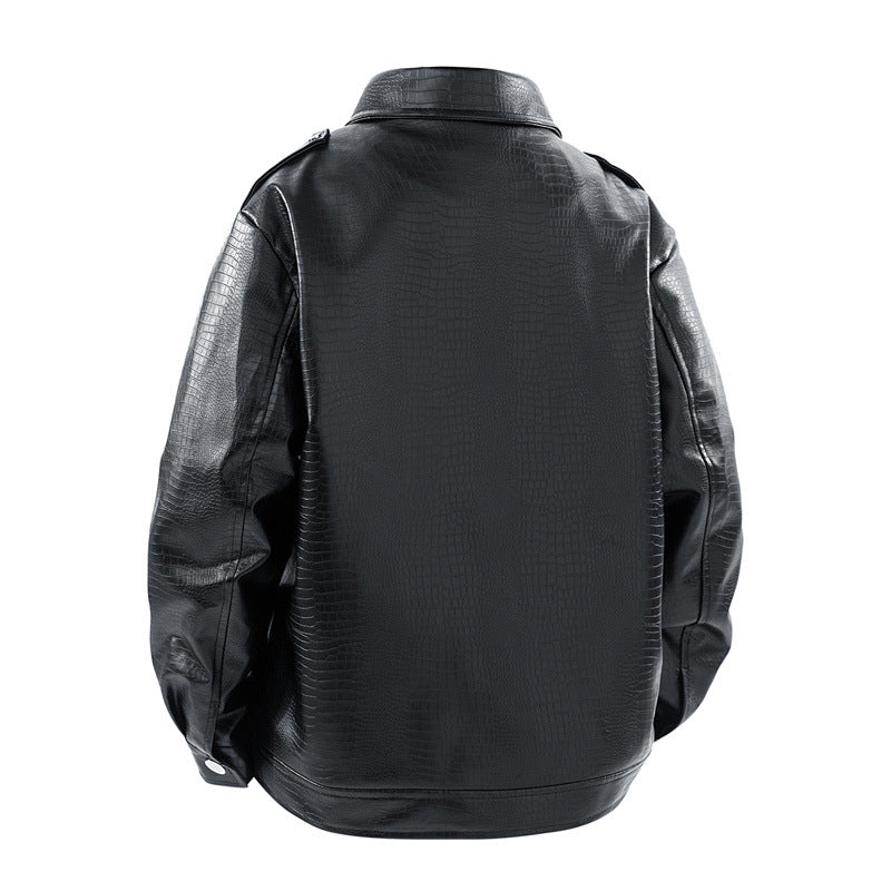 Herren Kunstleder-Überhemdjacke im Biker-Blend mit Reverskragen, Zwei-Wege-Metallreißverschluss & verdeckten Eingrifftaschen Drune