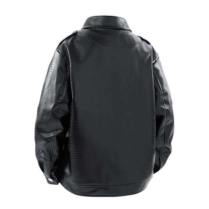 Herren Kunstleder-Überhemdjacke im Biker-Blend mit Reverskragen, Zwei-Wege-Metallreißverschluss & verdeckten Eingrifftaschen Drune