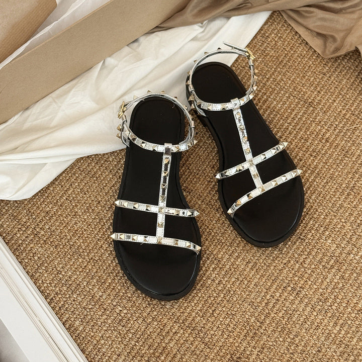 Damen Stilvolle Sandalen mit funkelnden Pyramiden-Nieten und verstellbarem Riemen Drune