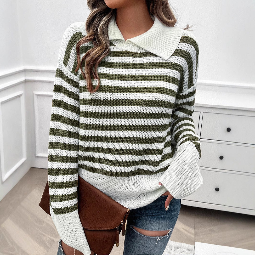 Damen nan gestreifter Polokragen-Strickpullover mit weitem Saum und ausgestellten Bündchen Drune