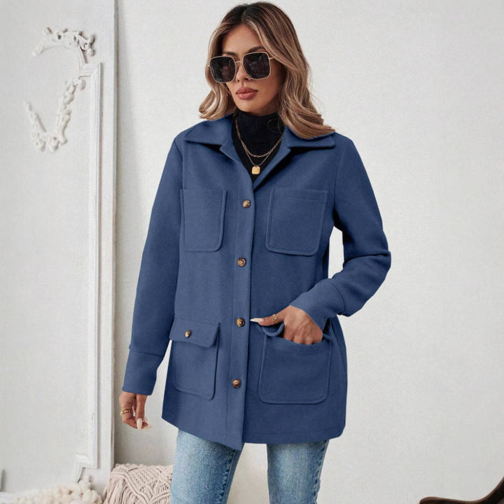 Damen Modische Utility-Jacke mit großen Taschen und goldenem Druck Drune