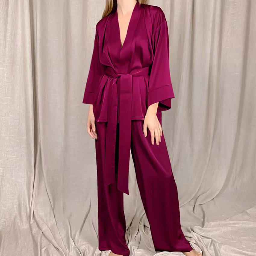 Damen satinierter Kimono-Style Morgenmantel und Hose Set Drune