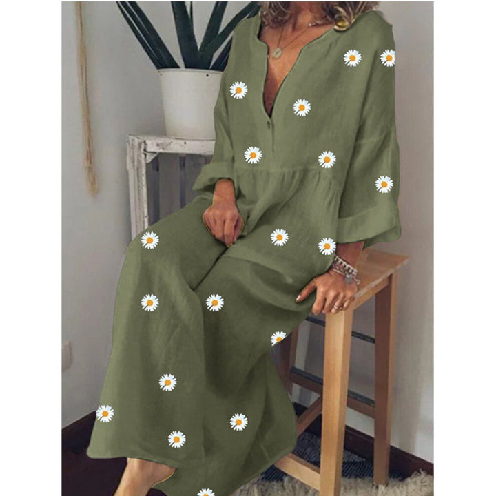 Damen Langes Leinenoptik Maxikleid mit tiefem V‑Ausschnitt, lockerer Empire‑Taillierung und Margeritenprint Drune