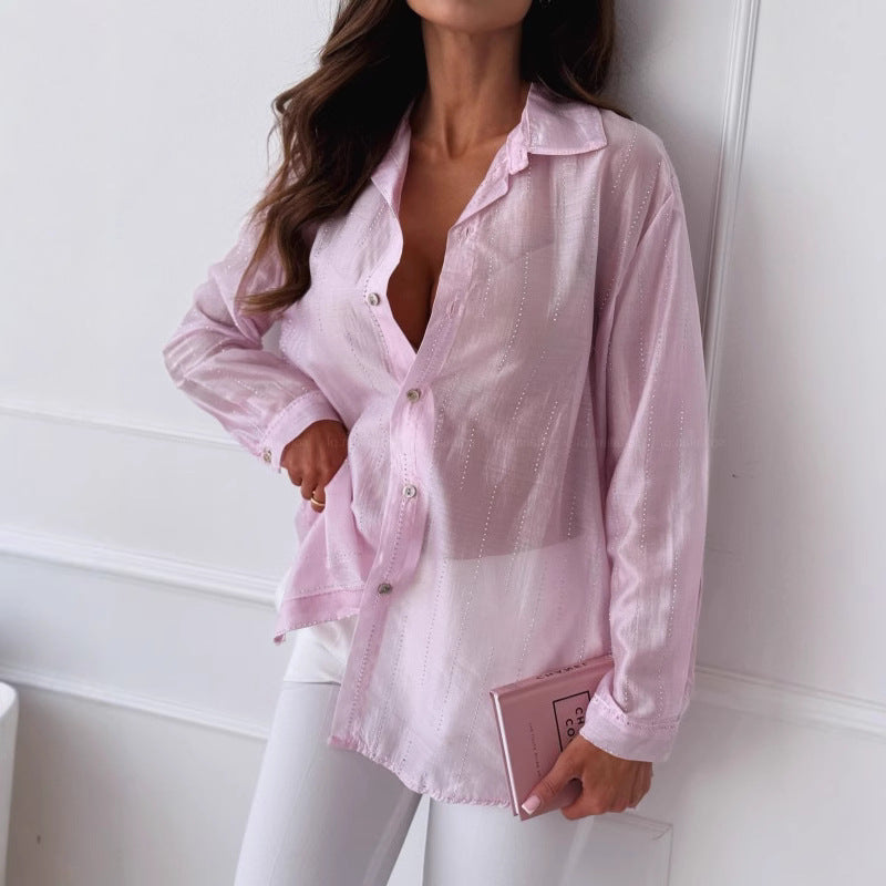 Damen elegante langärmlige Bluse mit feiner Struktur Drune